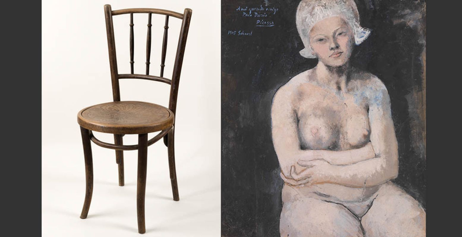 Links: Stoel van Picasso. Foto: © Margareta Svensson, 2016. Rechts: Pablo Picasso, La belle Hollandaise, 1905 © Succession Picasso 2016.