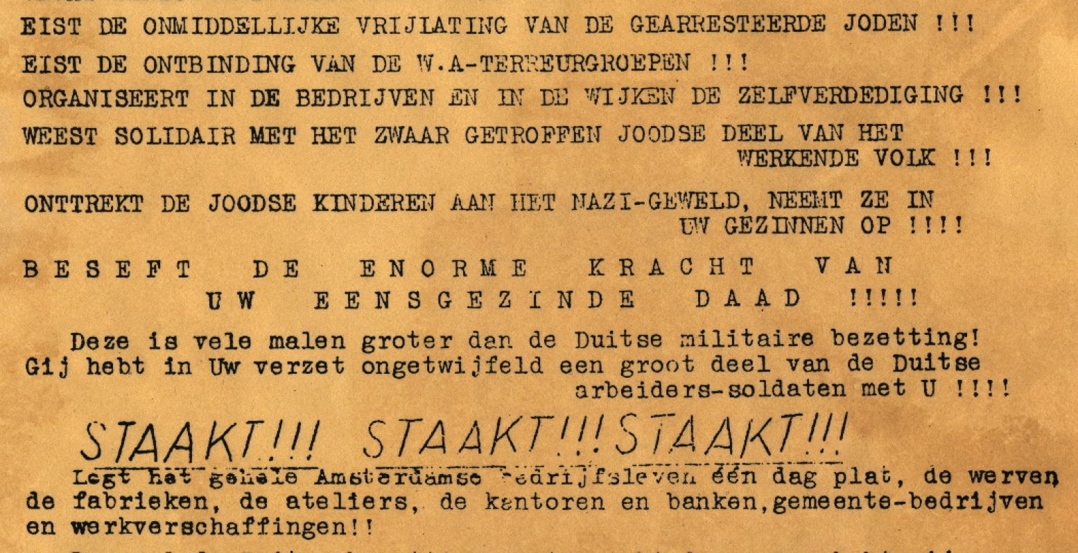 Pamflet waarin wordt opgeroepen tot de Februaristaking, 1941. Foto: Collectie NIOD
