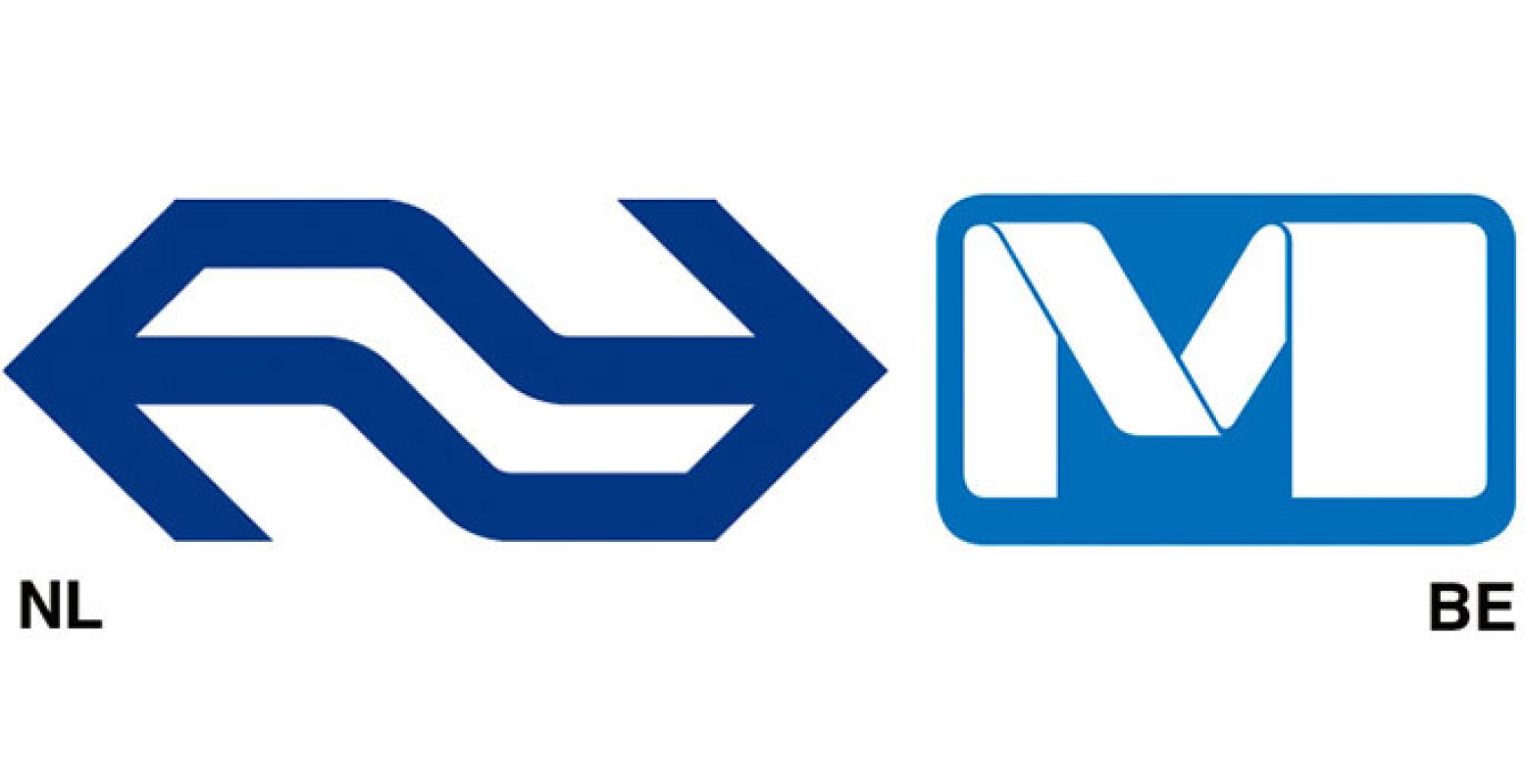 Ook het openbaar vervoer doet mee. Links: Tel Design/Gert Dumbar, Logo Nederlandse Spoorwegen, 1967. Rechts: Jean-Paul Emonds-Alt, Logo Metro in Brussel, 1980