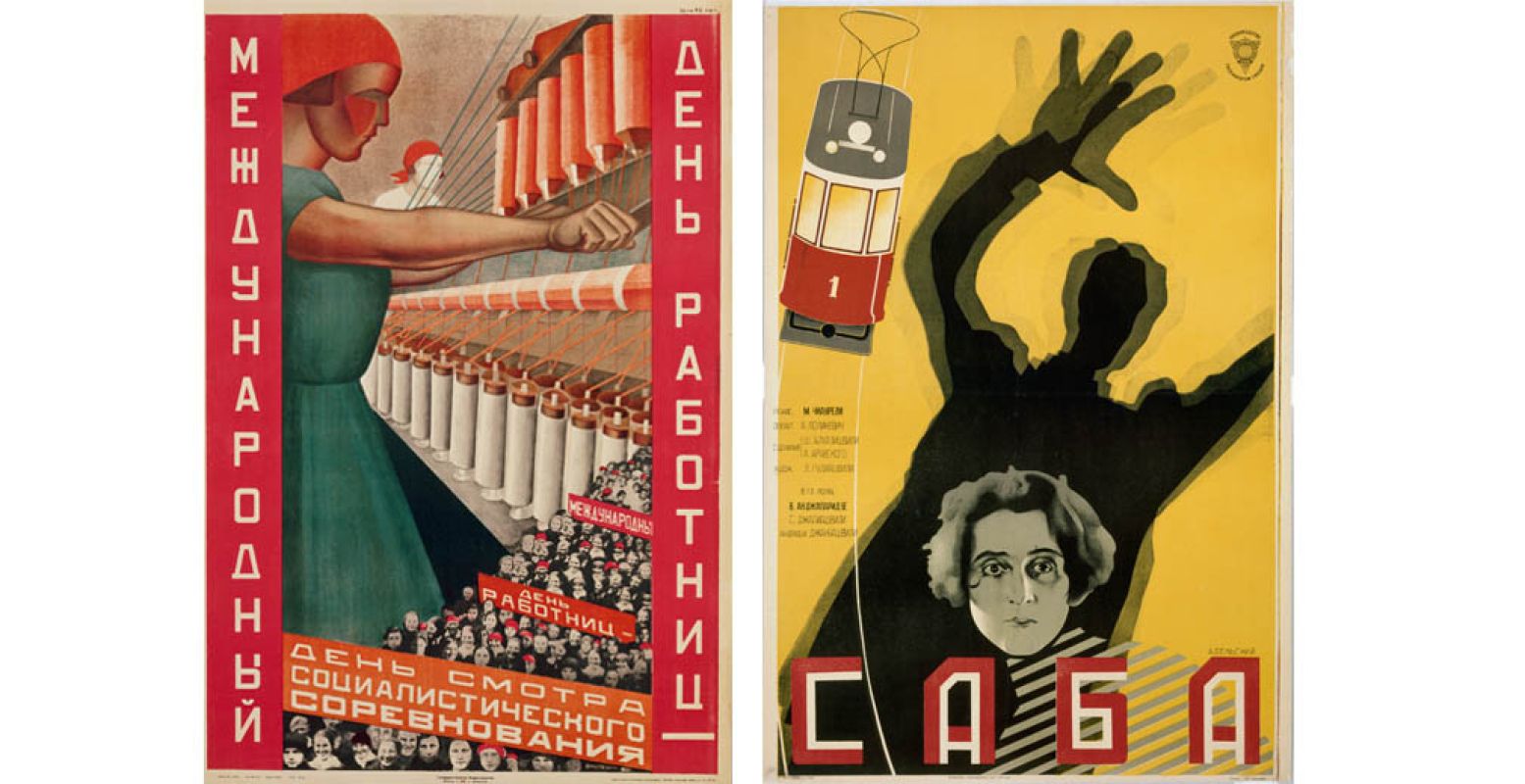 Links: Valentina Nikifirovna Kulagina - Mezhdunarodny den rabotnits (Internationale dag van de arbeidsters), 1930. Rechts: Anatoly Pavlovich Belsky - M. Chiaureli, Saba, 1929. Beeld: © Stedelijk Museum Amsterdam