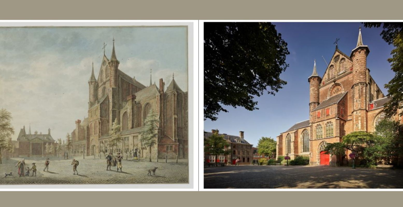 Pieterskerk door P Schouten in 1782 vs. foto Pieterskerk in 2018. Foto: Kees Hummel