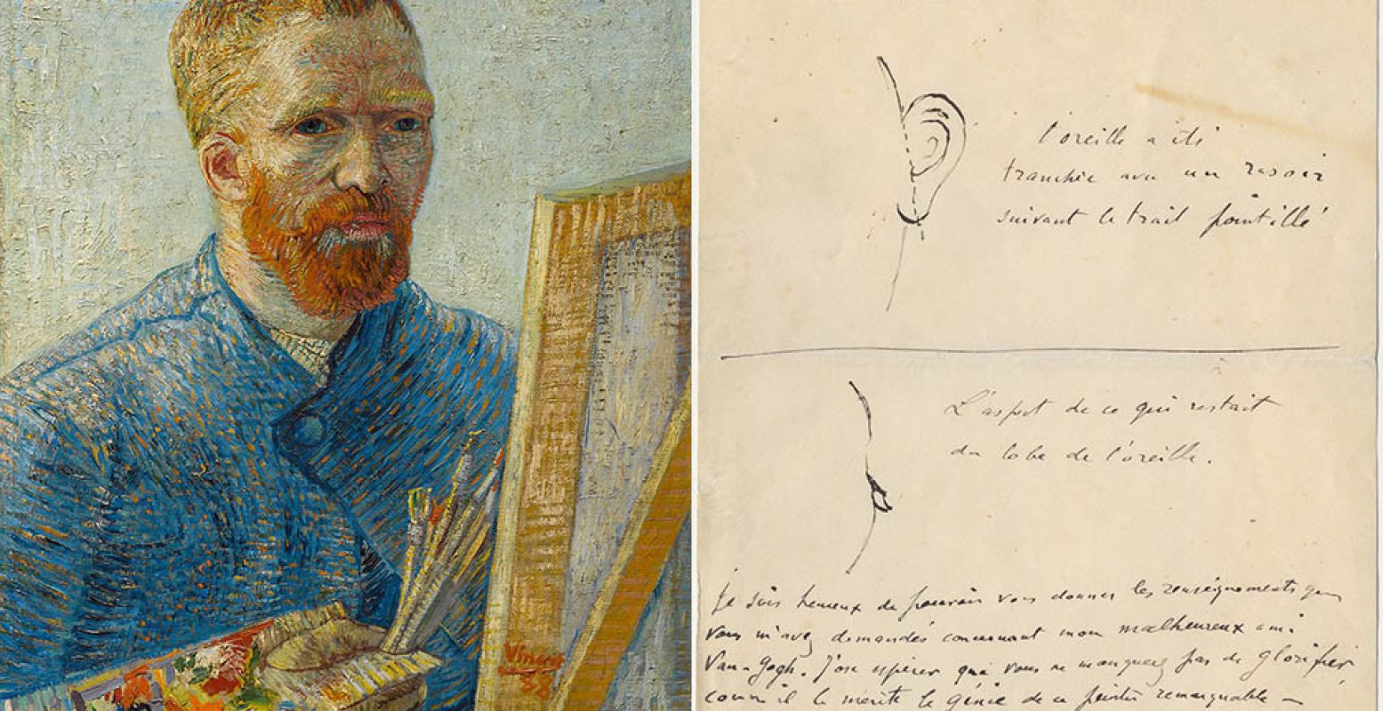 Links: Vincent van Gogh, Zelfportret als schilder, 1887 - 1888. Rechts: Brief van Félix Rey aan Irving Stone met tekeningen van de verminking van het oor van Vincent van Gogh, 18 augustus 1930, The Bancroft Library, University of California, Berkeley