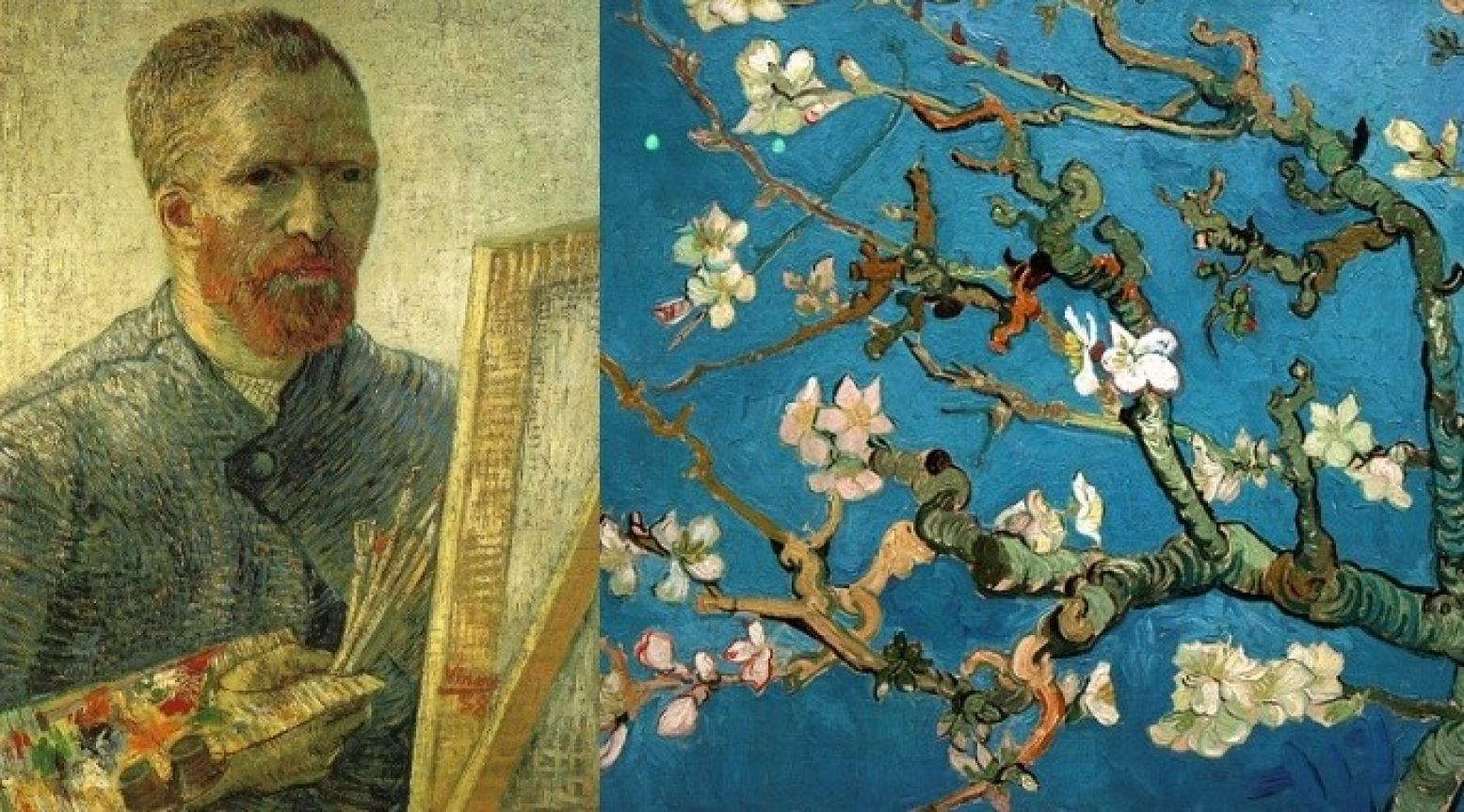 Links: Van Gogh, zelfportret als een artiest. Foto:  Museumweb ,  Licentie Publiek domein via  Wikimedia Commons . Rechts: Amandelbloesem (detail) door Vincent van Gogh (1890). Foto:  Flickr/Taina B   CC BY-SA 2.0 .