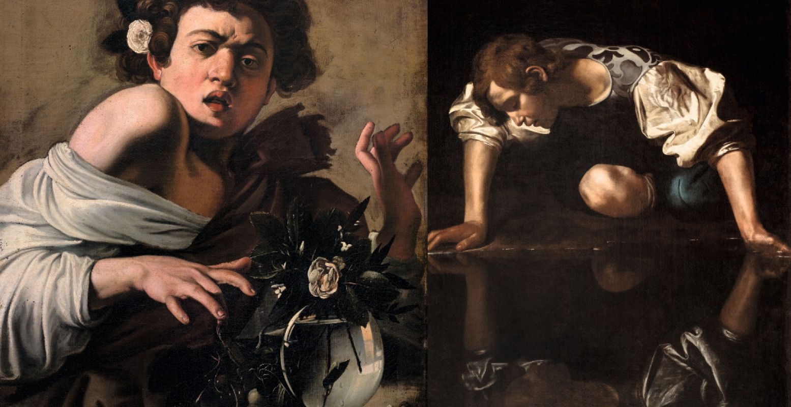 Links: Michelangelo Merisi da Caravaggio, Jongen gebeten door een hagedis. Rechts: Michelangelo Merisi da Caravaggio, Narcissus. Foto: Rijksmuseum.
