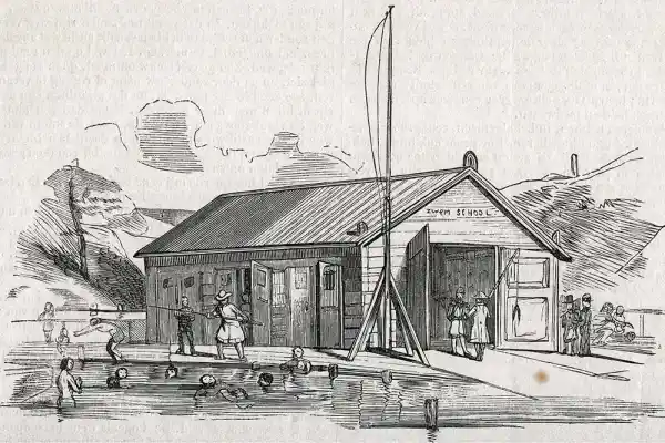 Foto: 1843 Scheveningen. Eerste zwemschool. Foto Wikipedia. Foto: 1843 Scheveningen. Eerste zwemschool. Foto Wikipedia.