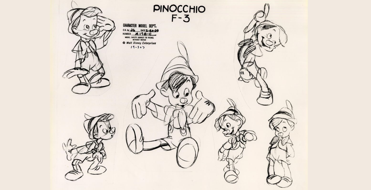 Zie hoe de kleine Pinokkio tot leven komt op de tekentafel. Foto: Pinokkio (1940) Disney Studio tekenaar © Disney