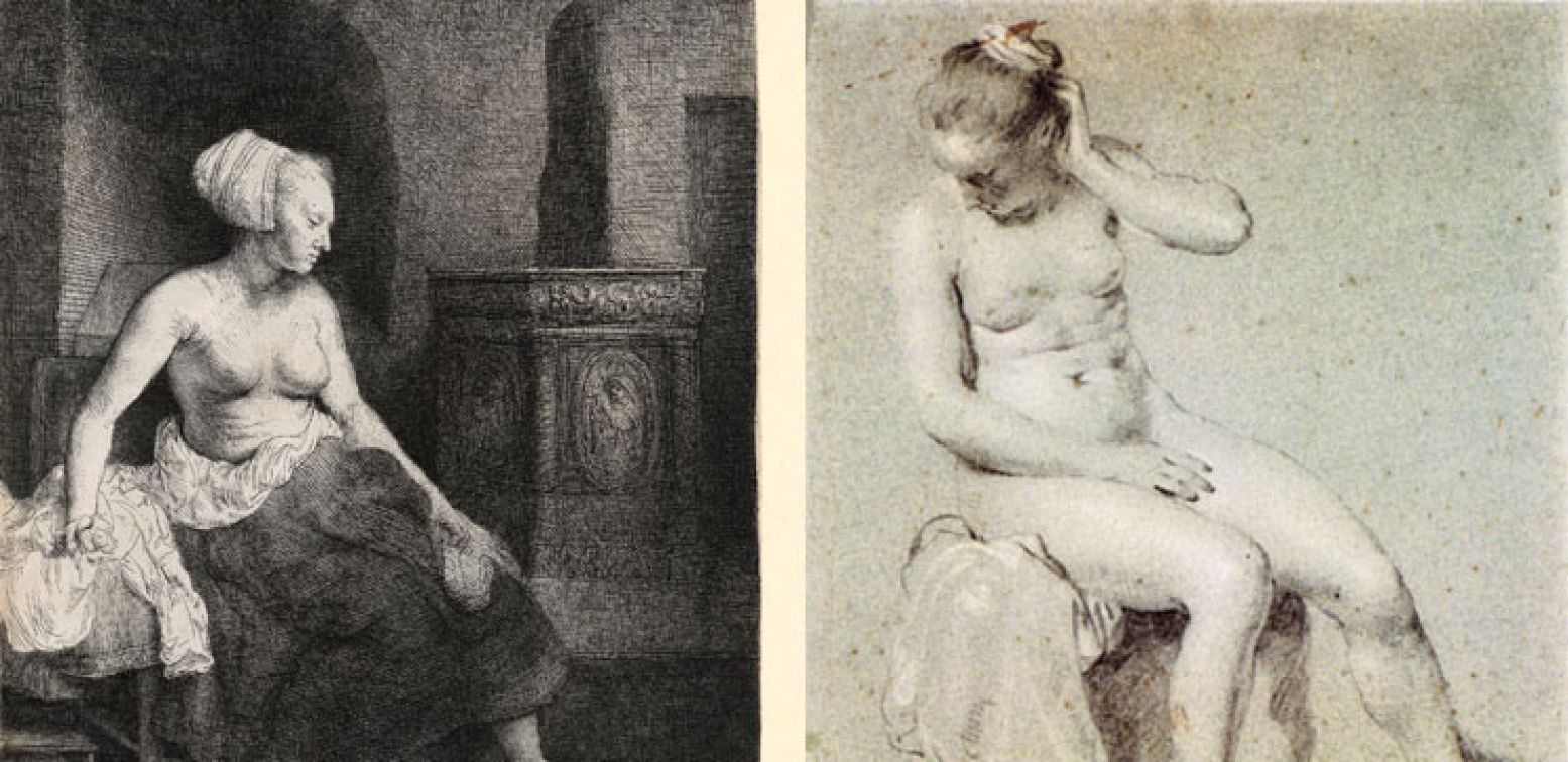 Rechts: Rembrandt, Vrouw met naakt bovenlichaam zittend bij een kacheltje, c. 1658, ets en droge naald, 22,8 x 18,7 cm, Amsterdam, Museum Het Rembrandthuis. Links: Jacob Adriaensz Backer, Zittend naakt vrouwelijke model, c. 1648, zwart en wit krijt op blauw papier, Cambridge, Fogg Art Museum, beloofde geschenk George and Maida Abrams.