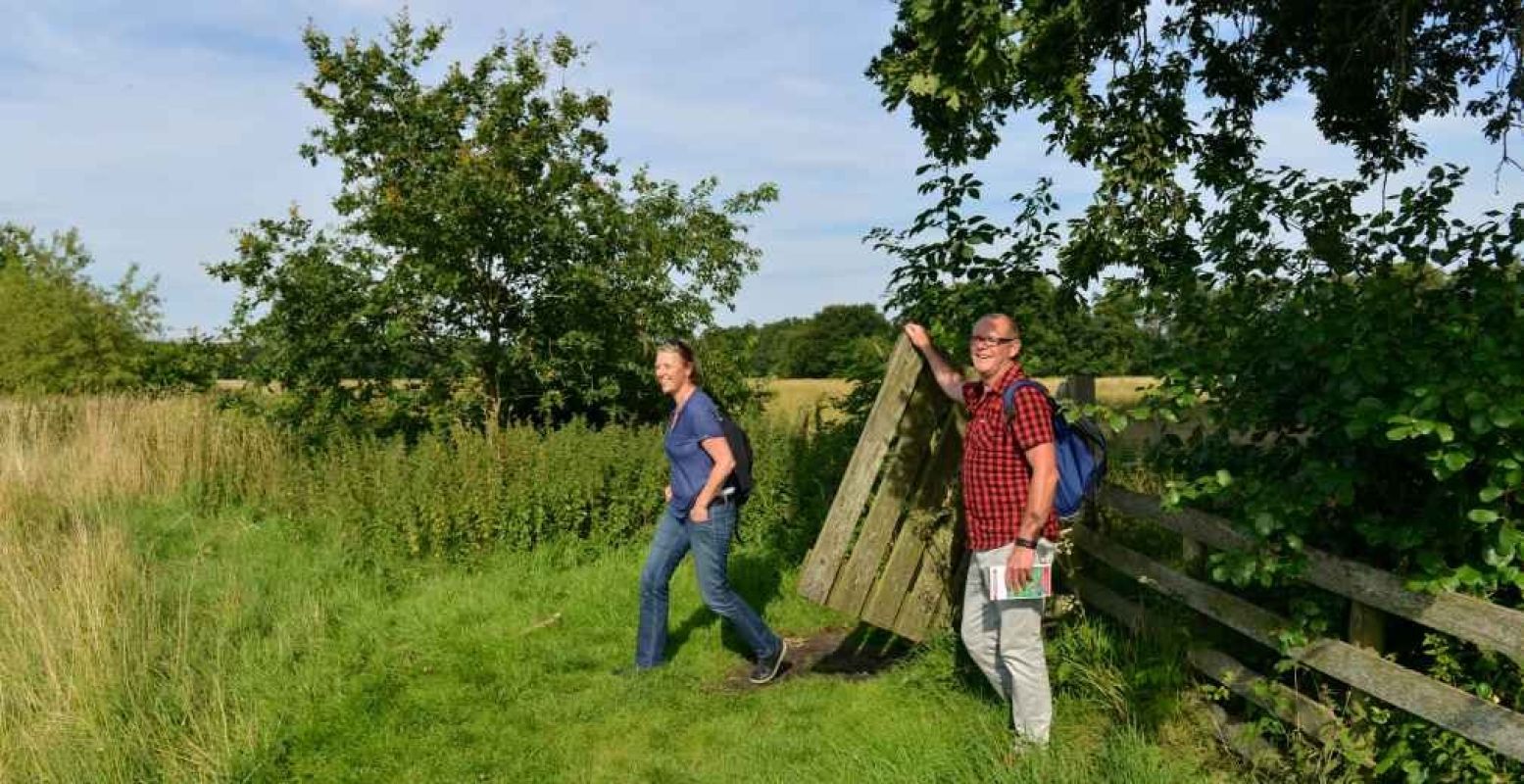 Wandelaars passeren een hekje in  Nationaal Park Drentsche Aa . Foto: Ad Snelderwaard.