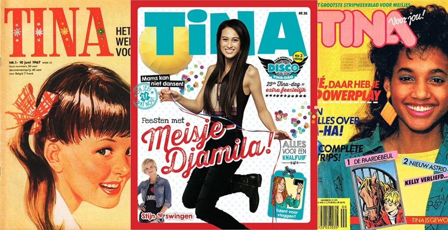 Zo begon de Tina! Links de allereerste cover uit 1967, helemaal rechts die uit 1986. In het midden de Tina in de stijl van nu, een nummer uit 2016. Foto's: Tina, Sanoma Media.