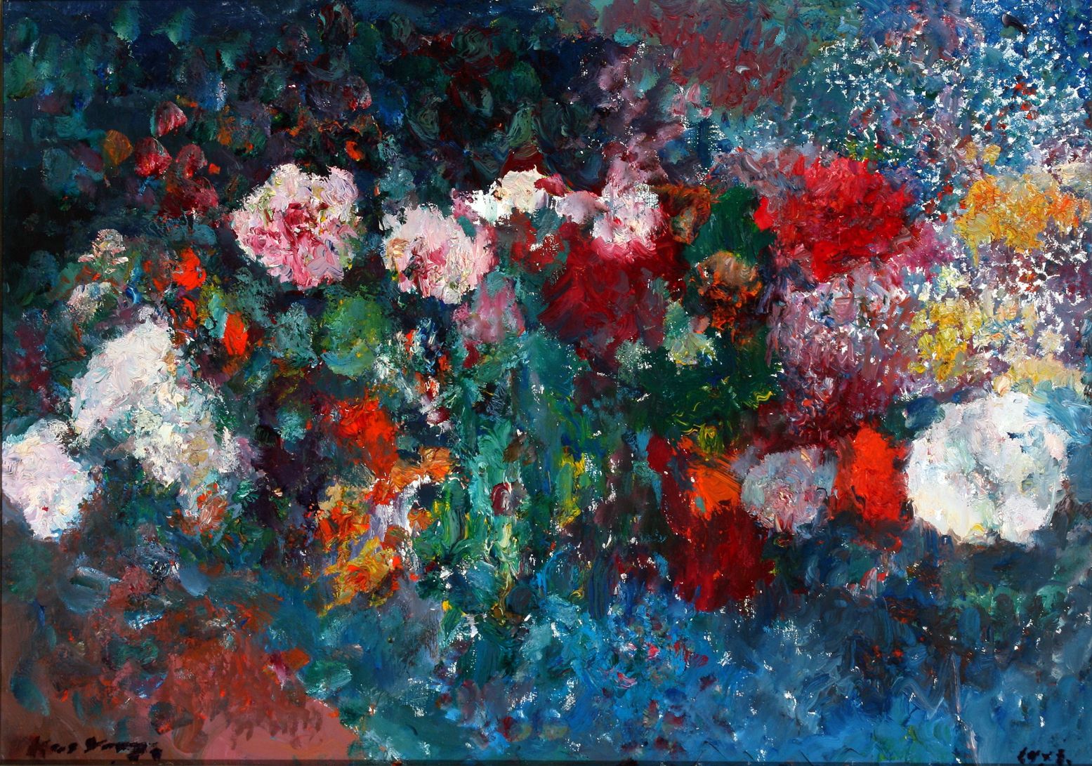 Laat je imponeren door de royale kleurenpracht van Verwey's schilderijen. Beeld: Bloemstilleven met roze en paars (1993) © Collectie Stichting Kees Verwey Laat je imponeren door de royale kleurenpracht van Verwey's schilderijen. Beeld: Bloemstilleven met roze en paars (1993) © Collectie Stichting Kees Verwey