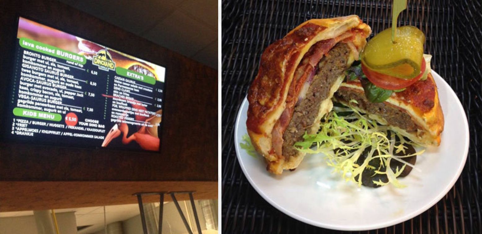 Smullen in het restaurant. Probeer de pizzaburger!