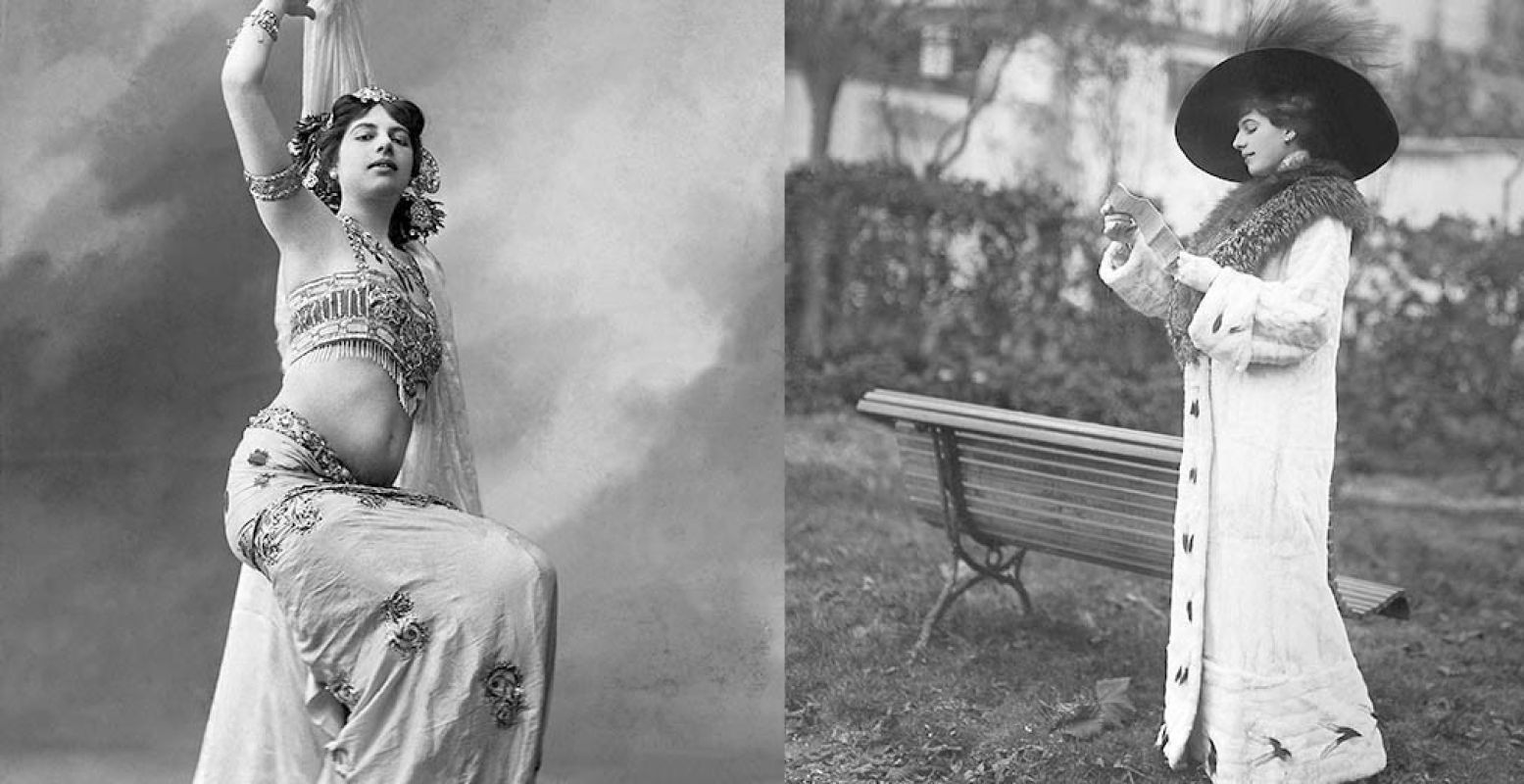 Foto: (links) Mata Hari als danseres in Parijs, 1905, Boyer, P., Collectie Fries Museum, Leeuwarden. Foto: (rechts) Mata Hari op de renbaan, 1911, Collectie Fries Museum, Leeuwarden.