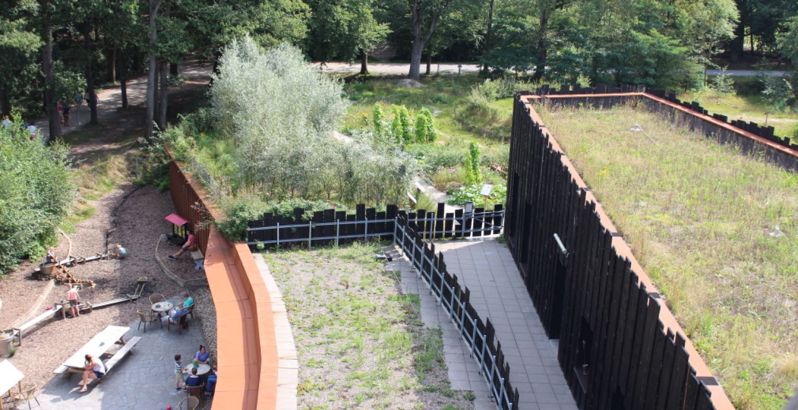 Uitzicht vanaf de uitkijktoren. Je ziet de tuin op het dak en links het horecaterras en de waterspeelplaats voor kinderen. Foto: DagjeWeg.NL.