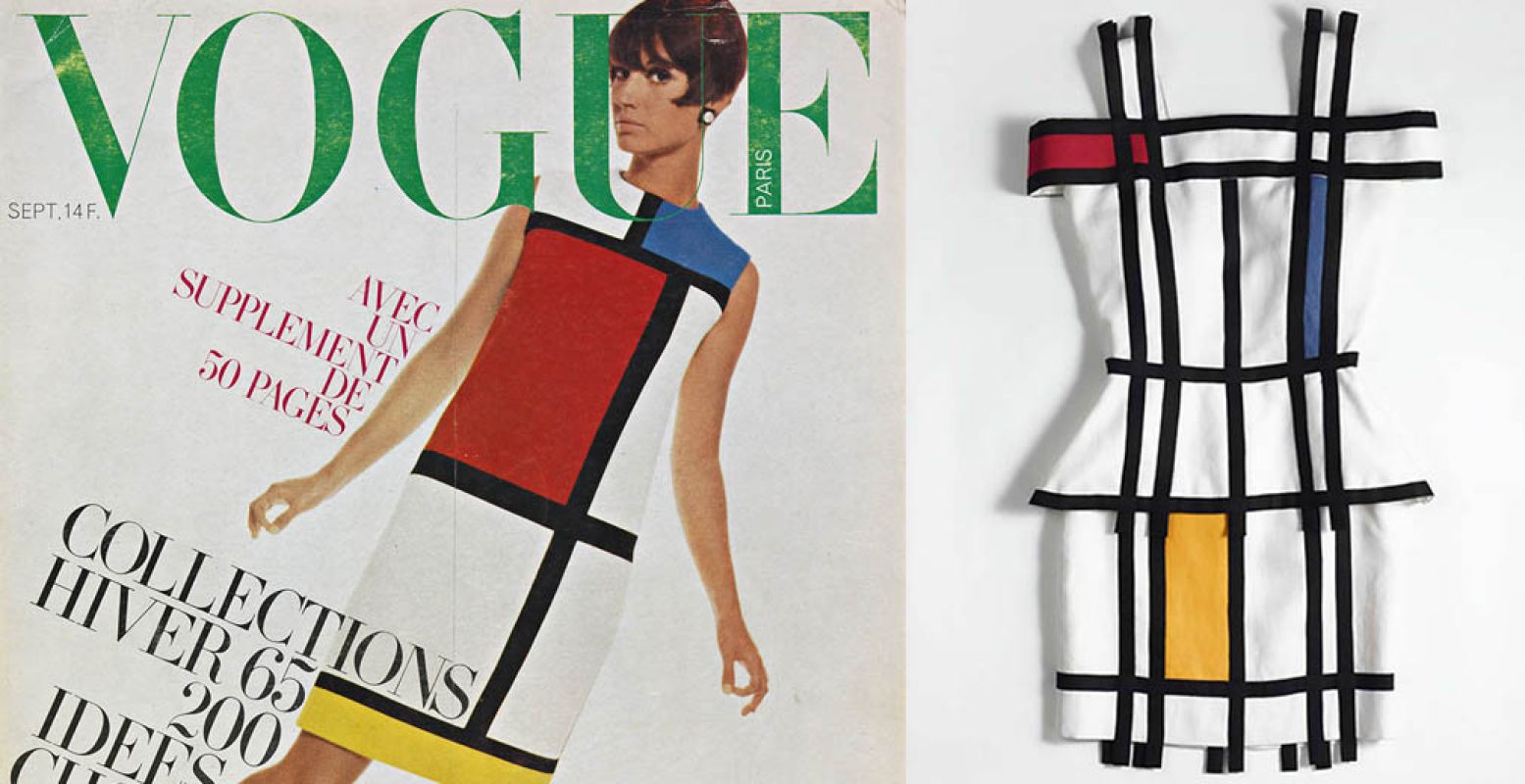 Foto: Gemeentemuseum Den Haag © Cover Franse Vogue, september 1966, met Mondriaan-jurk van Yves Saint Laurent (links). Foto: Gemeentemuseum Den Haag © Ensemble van wit linnen met kleurige vlakken in Mondriaanstijl, bestaande uit top en rok Francesco Bandini, Italië, 1991. Collectie Gemeentemuseum Den Haag (rechts).