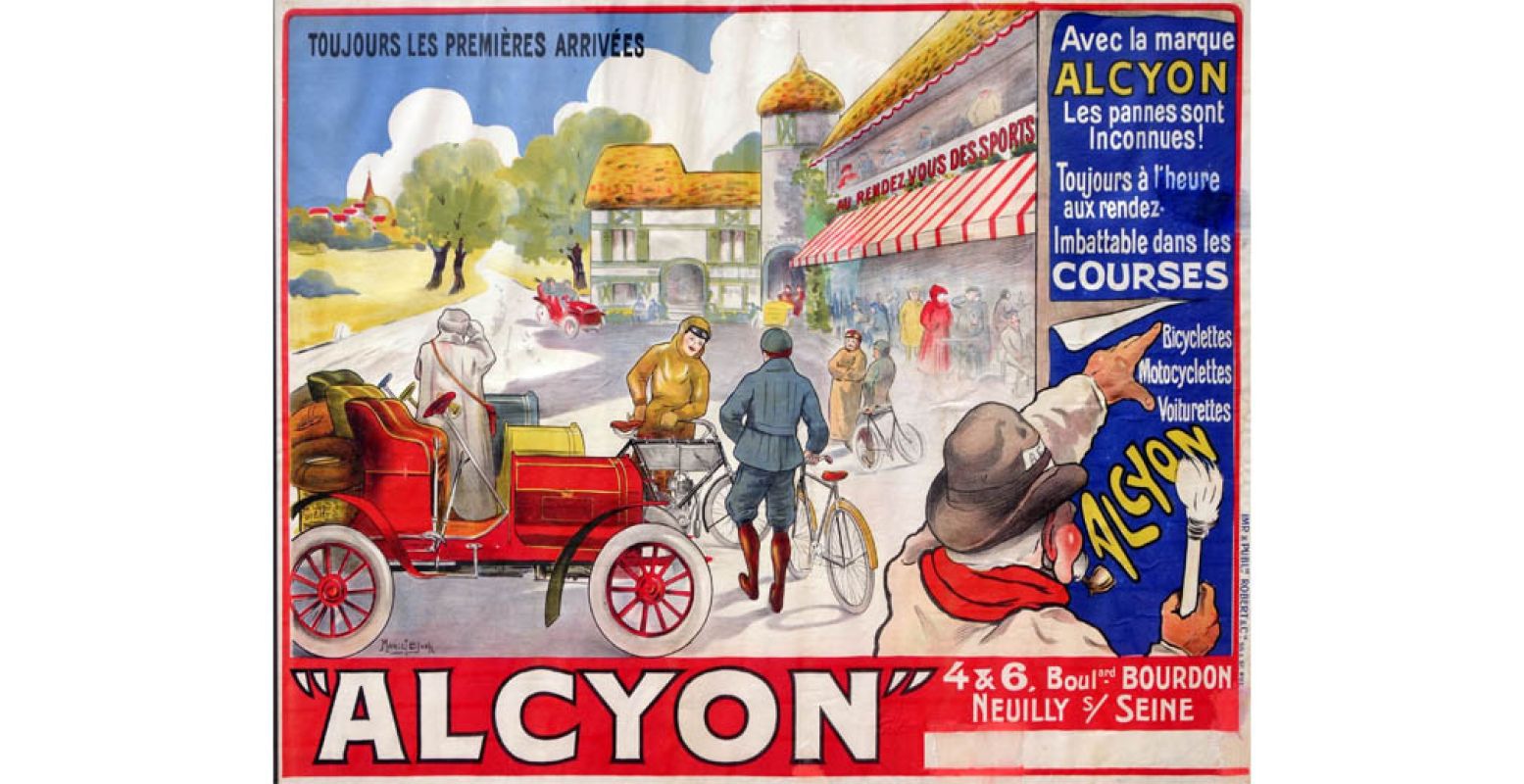 Affiche van het Franse rijwiel-, motor- en automerk ALCYON. Foto: © Nederlands Steendrukmuseum