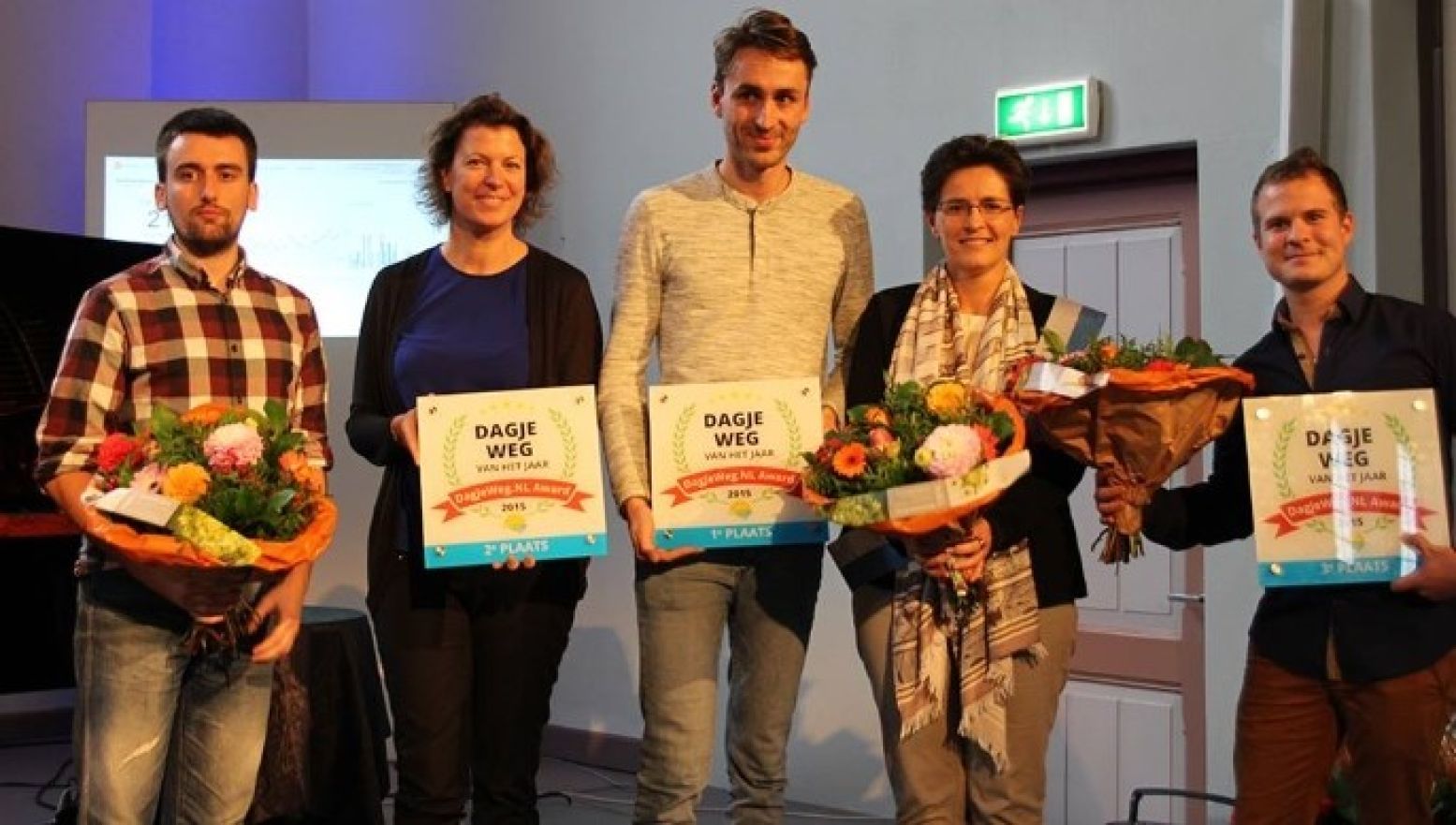 Uit de handen van de jury ontvingen de gelukkige winnaars de DagjeWeg.NL Award 2015. Van links naar rechts: Beeld en Geluid, Nationaal Militair Museum, Oude Ambachten en Speelgoed Museum.