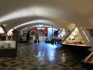 Archeologisch Museum Haarlem Vitrines vol vondsten in een historische kelder. Foto: DagjeWeg.NL