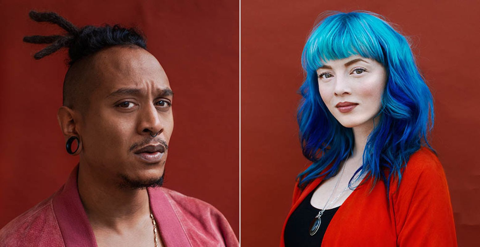 Links: Ook Stevens kapsel is te zien op het Good Hair Festival. Rechts: Estrella's haar bestaat uit meerdere tinten blauw. Foto's: Sharon Jane.