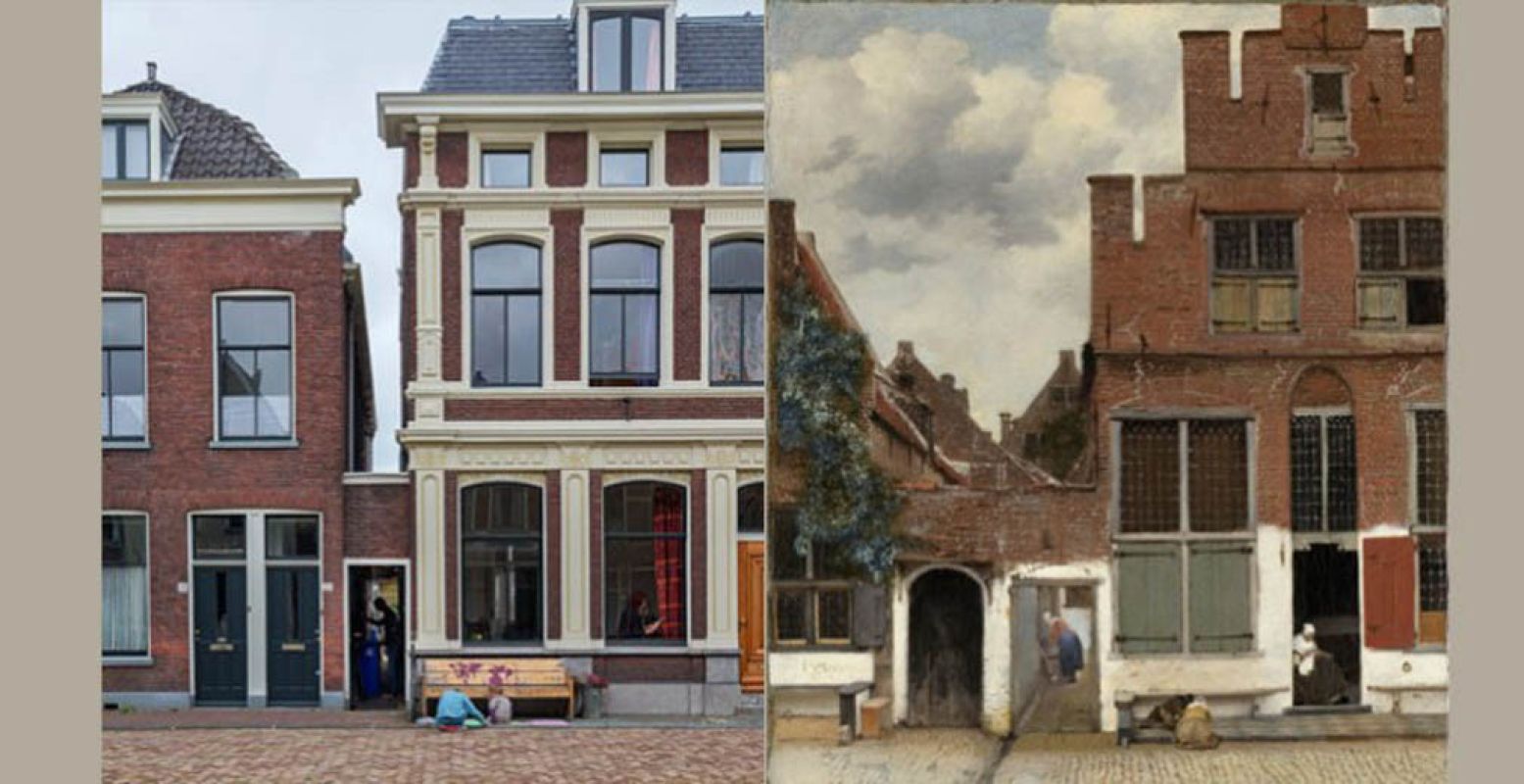 Links: Het straatje met huidige bewoners - Olivier Middendorp. Rechts: Het straatje, ca. 1658, Johannes Vermeer.