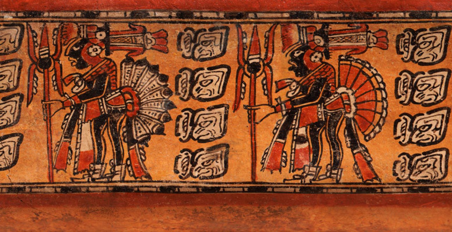 Rollout van een vaas met 4 krijgers, 600 - 900 na Christus, keramiek, collectie: Fundaciân La Ruta Maya, Guatemala
