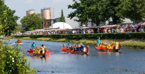 Feesten, varen en veel gezelligheid: Drakenboot in Apeldoorn Het kloppend hart van het festival: de drakenbootrace. Foto: Rien Hokken