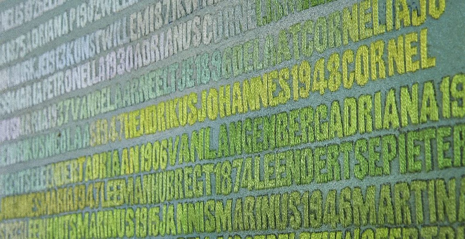 De Verdronkenen (2003-2008), Vijf panelen met de namen van alle 1836 slachtoffers van de Watersnoodramp van 1 februari 1953. Monumentaal werk van Miep van Riessen in acryl en garens op doek - 134 x 236,8 cm. StichtingMiepvanRiessen Foto: © Jan van de Ven