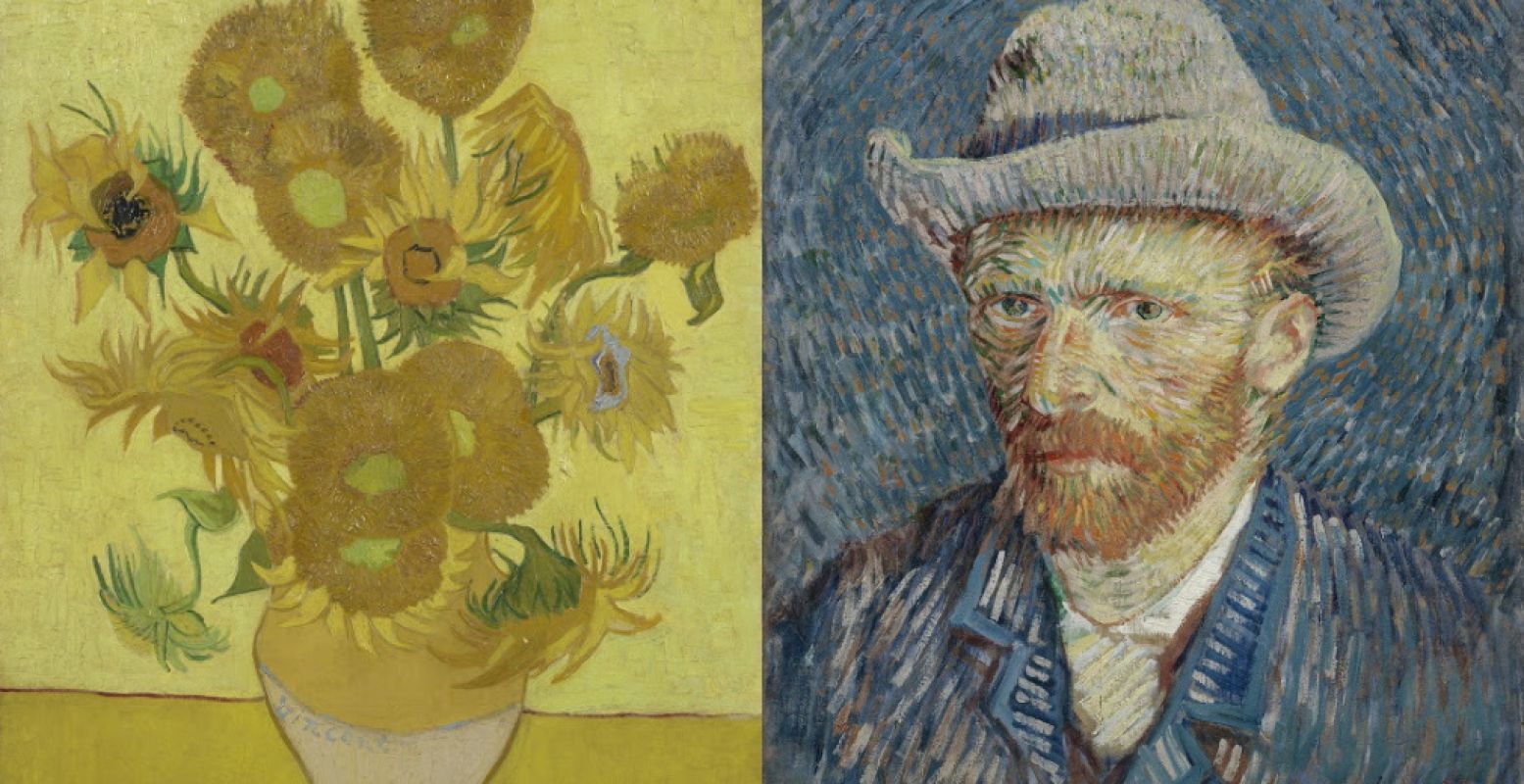 Links: Zonnebloemen, Vincent van Gogh, januari 1889. Foto: Van Gogh Museum, Amsterdam (Vincent van Gogh Stichting). Rechts: Zelfportret met grijze vilthoed, Vincent van Gogh, september-oktober 1887. Foto: Van Gogh Museum, Amsterdam (Vincent van Gogh Stichting).