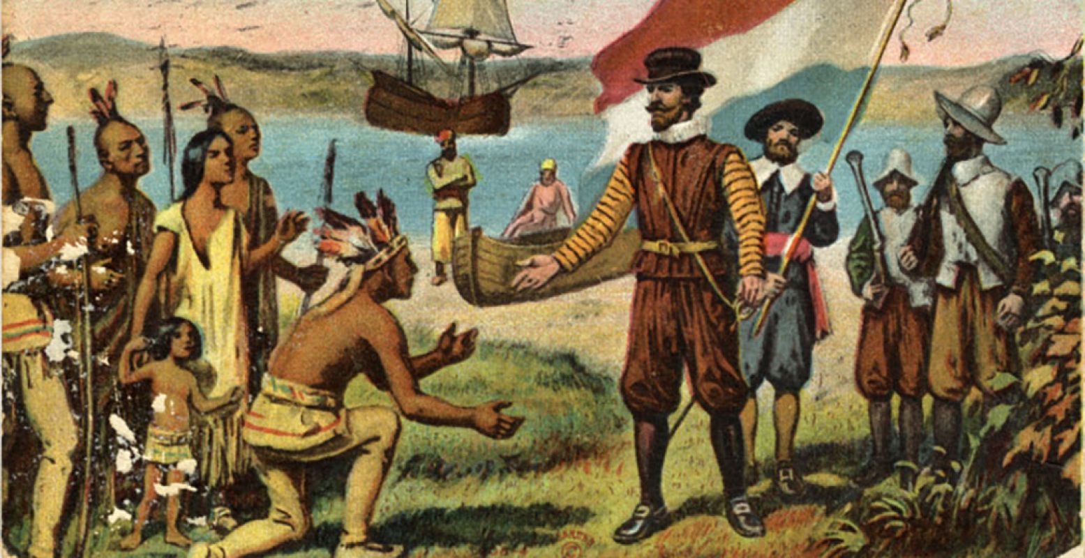 Is dit echt wat er gebeurde toen Henry Hudson op Manhattan Island landde in 1609? Onder de vlag van Nederland trouwens, want hij werkte toen voor het VOC. Foto: Henry Hudson op Manhattan Island, 1609, briefkaart 1909