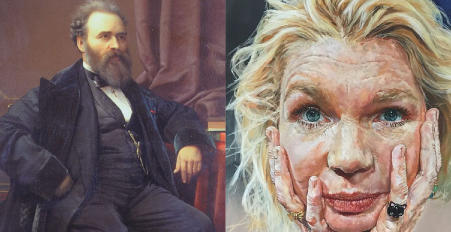 Links: Petrus van Schendel - Zelfportret, 1869. Olieverf op paneel. Rechts: Suzan Schuttelaar - Tjitske Reidinga, 2015.