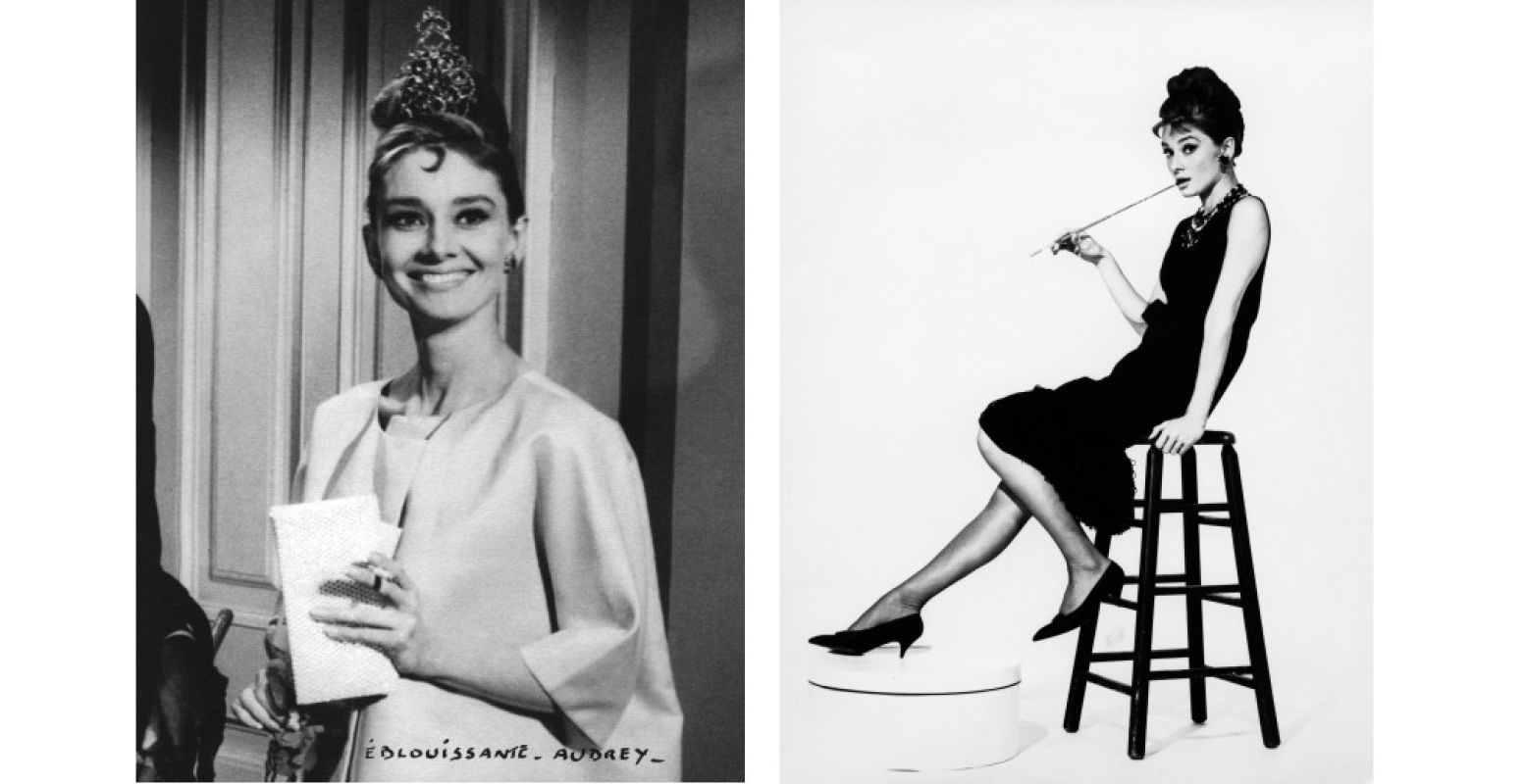 Links: Audrey Hepburn gekleed in ensemble ontworpen door Hubert de Givenchy, in â€˜Breakfast at Tiffany's' (1961). Foto: Mondadori Portfolio; courtesy Hubert de Givenchy. Rechts: Audrey Hepburn, portret op een barkruk (Breakfast at Tiffany's). Foto: Ullstein Bild/Getty Images
