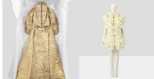 Een ode aan honderd jaar mode Links: Tweedelige japon bestaande uit lijfje en rok uit circa. 1892, van Mme. H. van der Taelen. Collectie Centraal Museum Utrecht; schenking 1937. Foto: Image & copyrights CMU/ Adriaan van Dam 2017. Rechts: 3D geprinte jurk uit de 2011 collectie Escapism van Iris van Herpen. Collectie Centraal Museum Utrecht; aankoop 2011. Foto: Image & copyrights CMU / Adriaan van Dam 2017.
