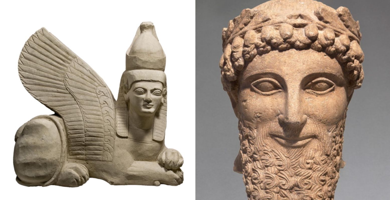 Links: Sfinx, kalksteen, 600 - 500 v. Chr., uit Tamassos. © Cyprus Museum, Nicosia. Rechts: Mannenportret, kalksteen, 460 - 450 v. Chr. Foto: © Rijksmuseum van Oudheden.