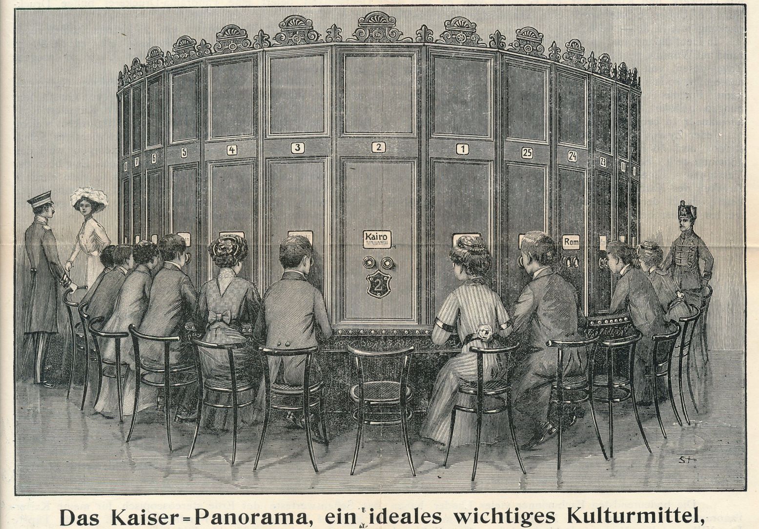 Een tekening van een Kaiserpanorama met 25 kijkplekken anno 1880. Foto: Alamy Stock Photo
