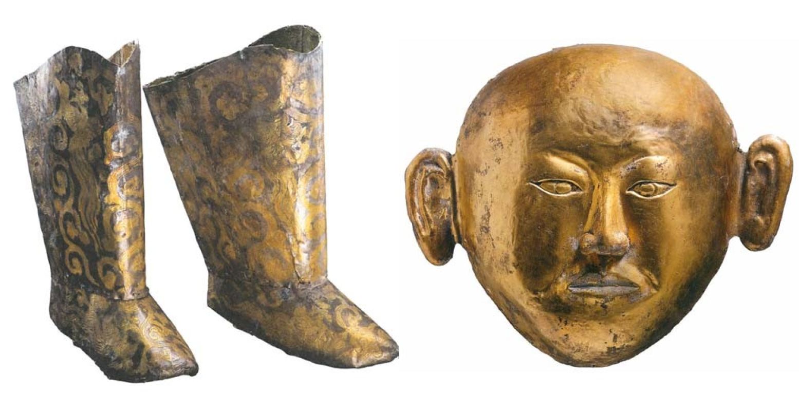 Het dodengraf van de prinses van Chen: een gouden masker en zilveren laarzen. Foto: Sake Elzinga