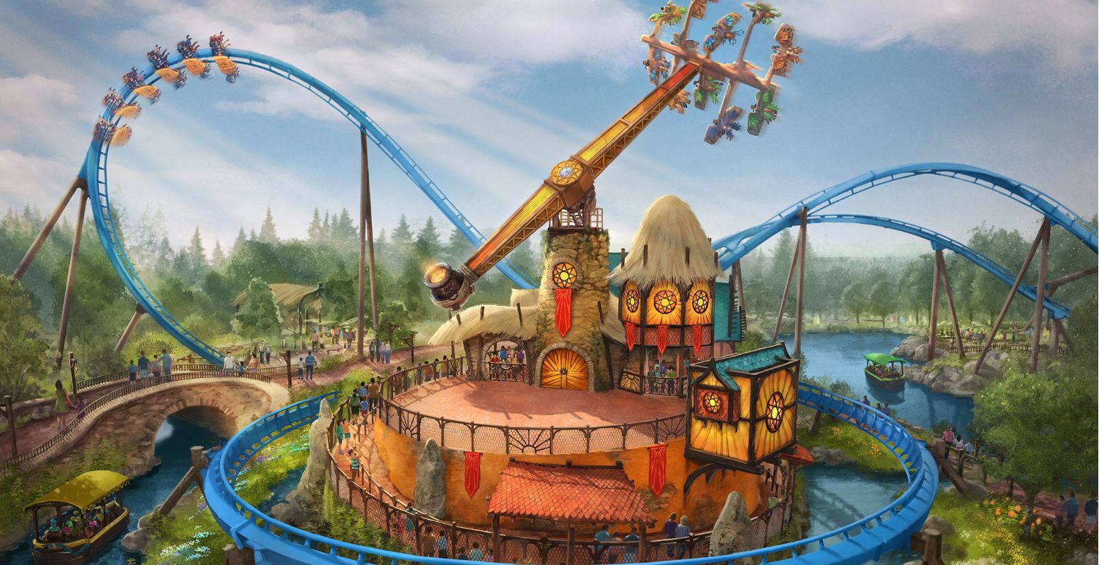 Een impressie van de nieuwe attractie Pixarus, een vliegtuigmolen in de bocht van achtbaan Fēnix. Foto: concept © Toverland