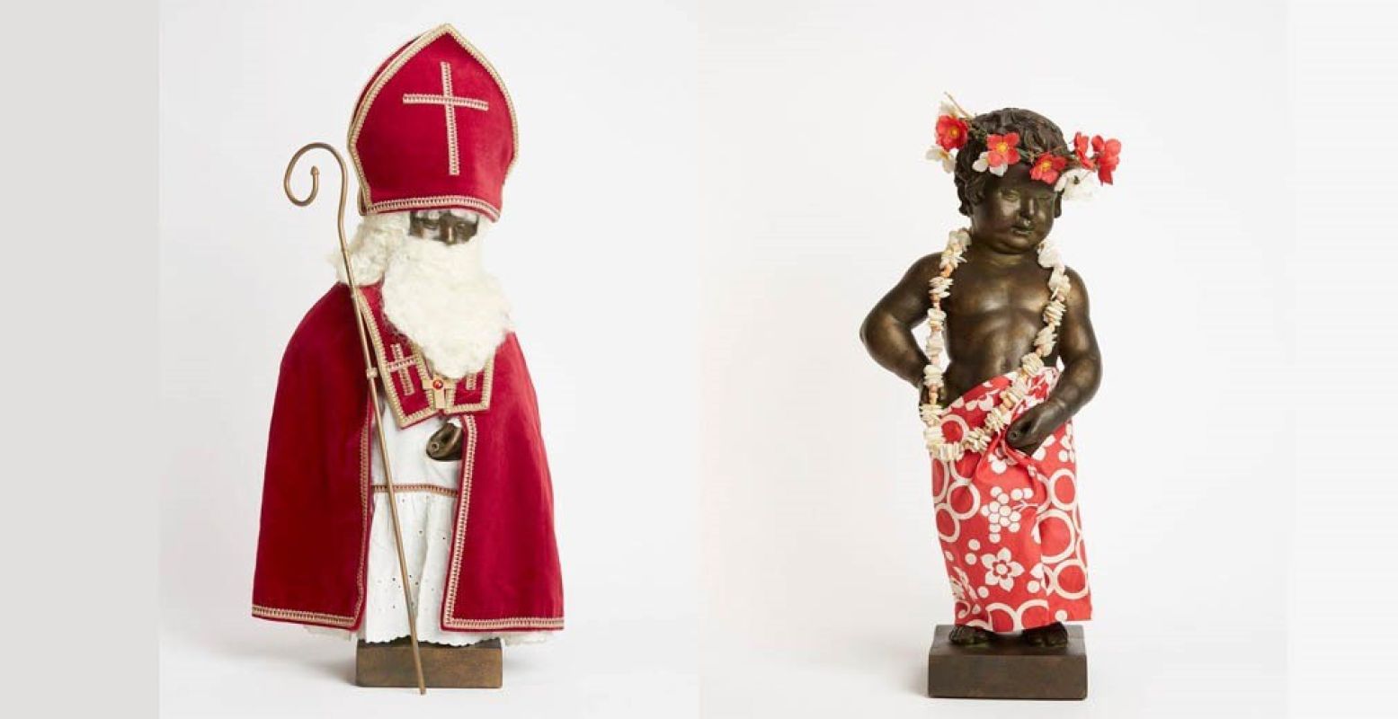 Manneken-Pis als Sinterklaasje en in Tahitiaanse stijl. Foto: © E. Laurent