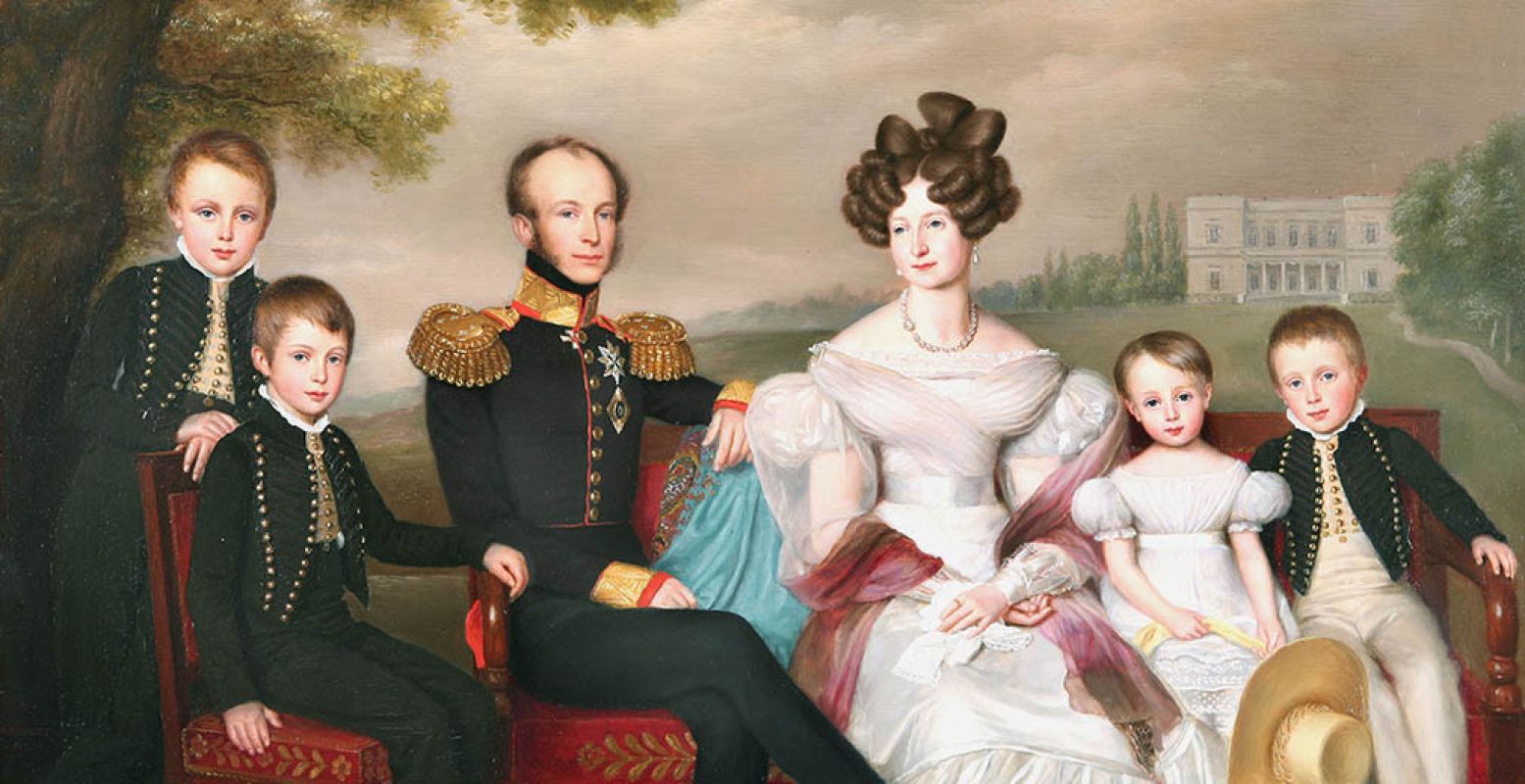 Met kinderen Willem, Alexander, Sophie en Hendrik. | Anna Paulowna met haar gezin, J.B. van der Hulst, ca 1826. Koninklijke Verzamelingen.