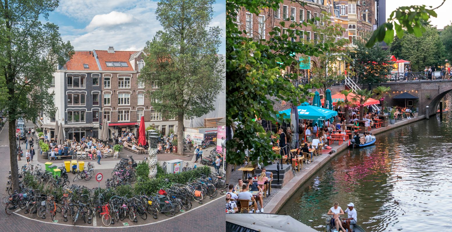 Het Gerard Douplein in de Pijp in Amsterdam (links) en de terrassen aan Oudegracht (rechts). Foto: amsterdam&partners © Koen Smilde / Utrecht Marketing © Ruben Drenth