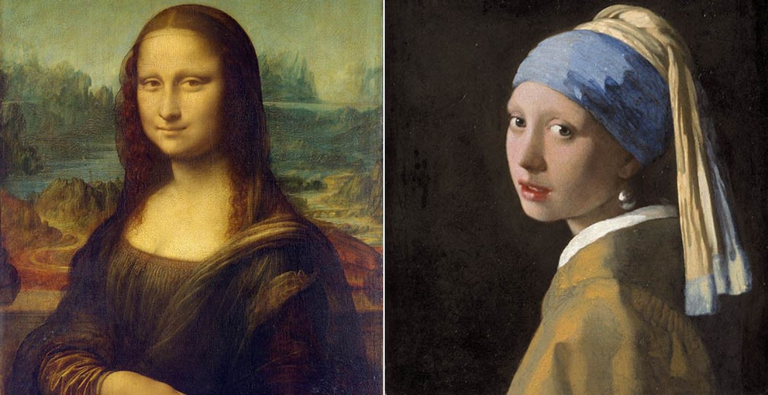 Schilderij links: Mona Lisa, Leonardo da Vinci (1452 â€“ 1519). Schilderij rechts: Het meisje met de parel, Johannes Vermeer (1632 â€“ 1675). Bron: Doe Museum.