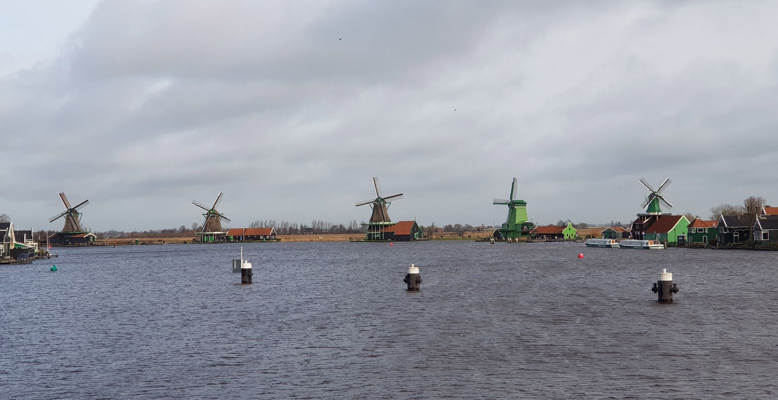 Daar staan ze aan het water: vijf van de acht molens van de Zaanse Schans. Foto: DagjeWeg.NL © Tonny van Oosten
