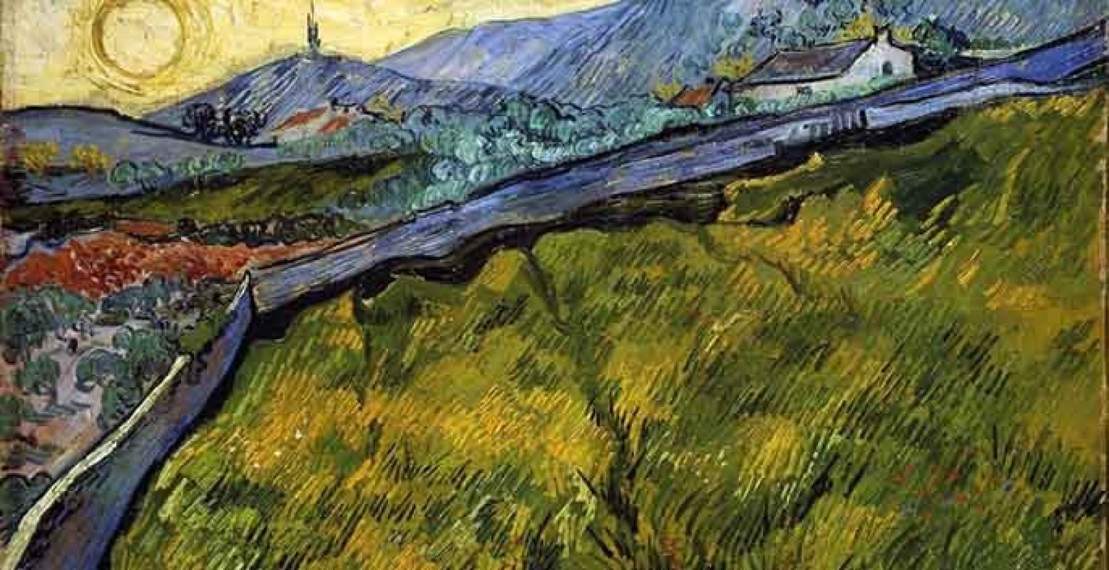 Dit uitzicht had Van Gogh vanuit zijn kamer in de inrichting; Het ommuurde korenveld met opkomende zon, eind mei 1889, door Vincent van Gogh
