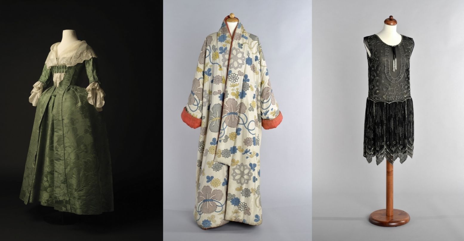 Van links naar rechts: Robe d'anglaise van groen damast, 1780-1785, collectie Huis Van Gijn. Foto: Marie Cecile Thijs | Japonsche rok, 1725-1775, collectie Huis Van Gijn. Foto: Richard Boonstra | Flapperdress, 1925-1930, collectie Huis Van Gijn. Foto: Richard Boonstra