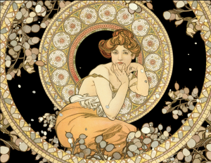 Foto: Still uit projectie naar werk van Alphonse Mucha, Grand Palais Immersif, Parijs. © Mucha Trust