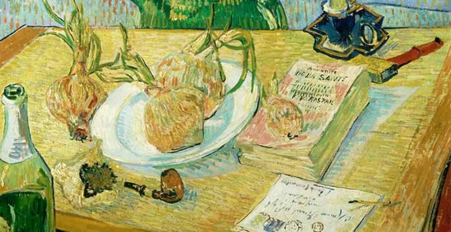 Een soort dagboek in verf: Stilleven rond een bord met uien, begin januari 1889, door Vincent van Gogh