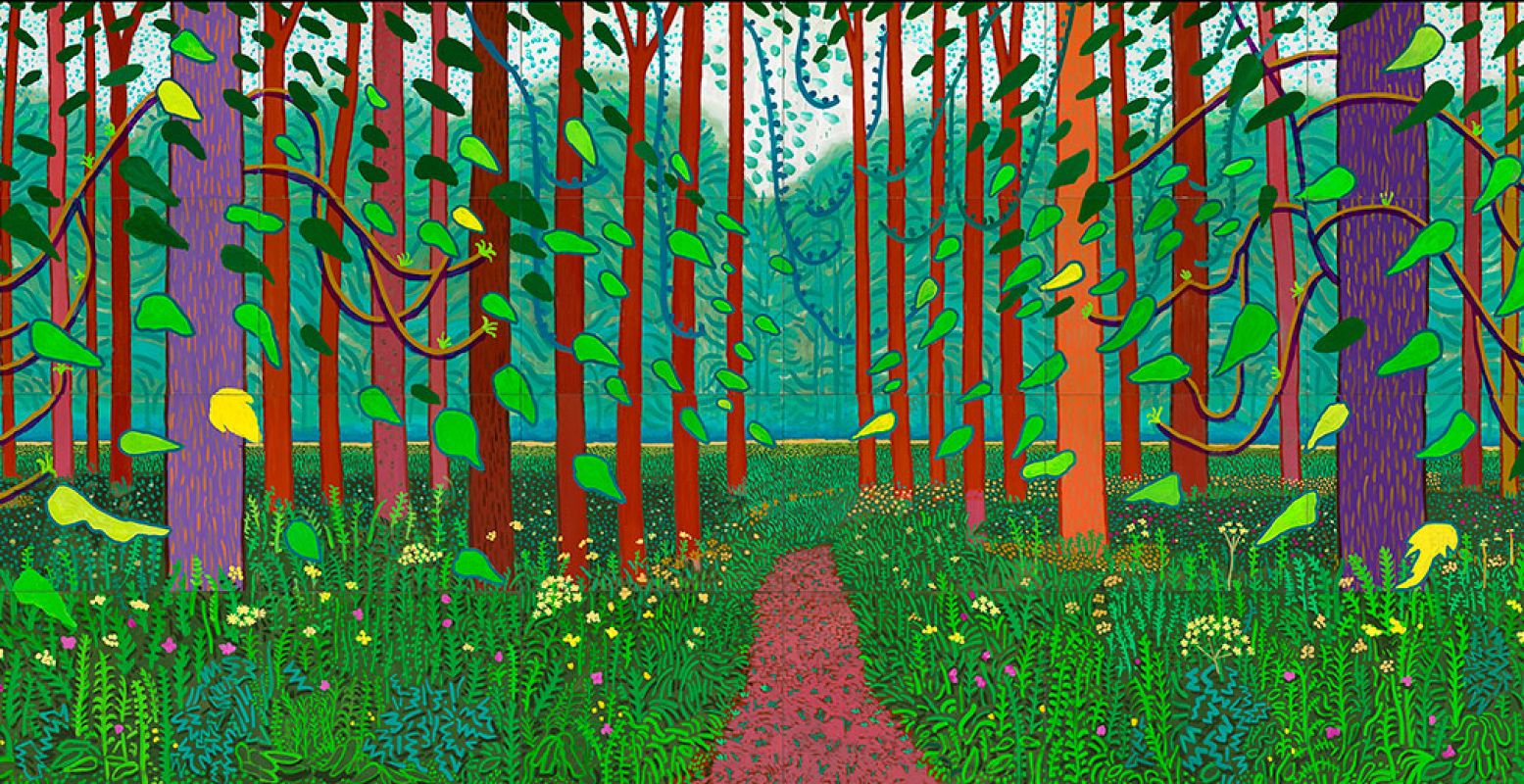 Deel uit het grote schilderij van David Hockney, 'Het aanbreken van de lente in Woldgate, East Yorkshire in 2011 (tweeduizendelf)'. Olieverf op 32 doeken, © David Hockney, Foto: Richard Schmidt, Centre Pompidou, Parijs. Musée national d'art moderne â€“ Centre de création industrielle