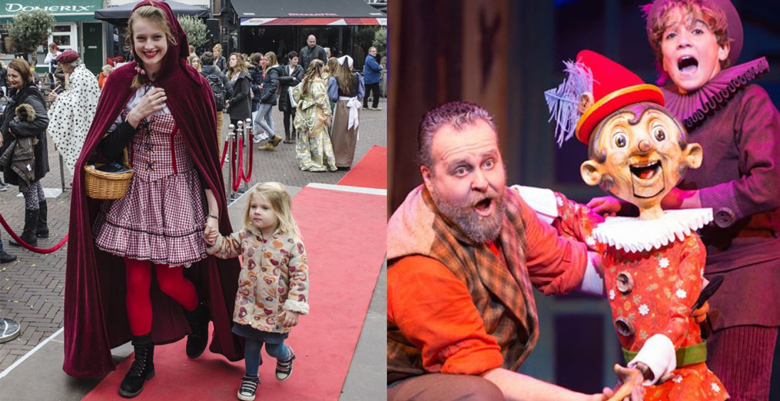 Links: Hand in hand met Roodkapje over de rode loper. Foto: Debby Gosselink. Rechts: De musical Pinokkio speelt in het  Stadstheater. Foto: De Efteling.