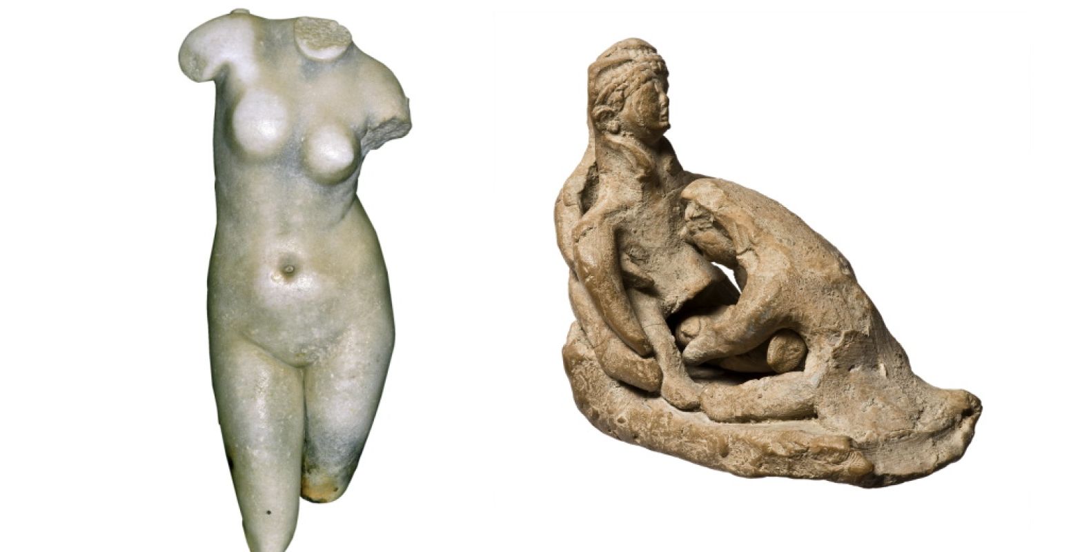 Links: Aphrodite, marmer, Hellenistisch, 2de-1e eeuw voor Chr., uit Paphos. Foto: © Paphos Museum. Rechts: Barende vrouw, terracotta, 6de eeuw v. Chr., uit Lapithos. Foto: © Cyprus Museum, Nicosia.