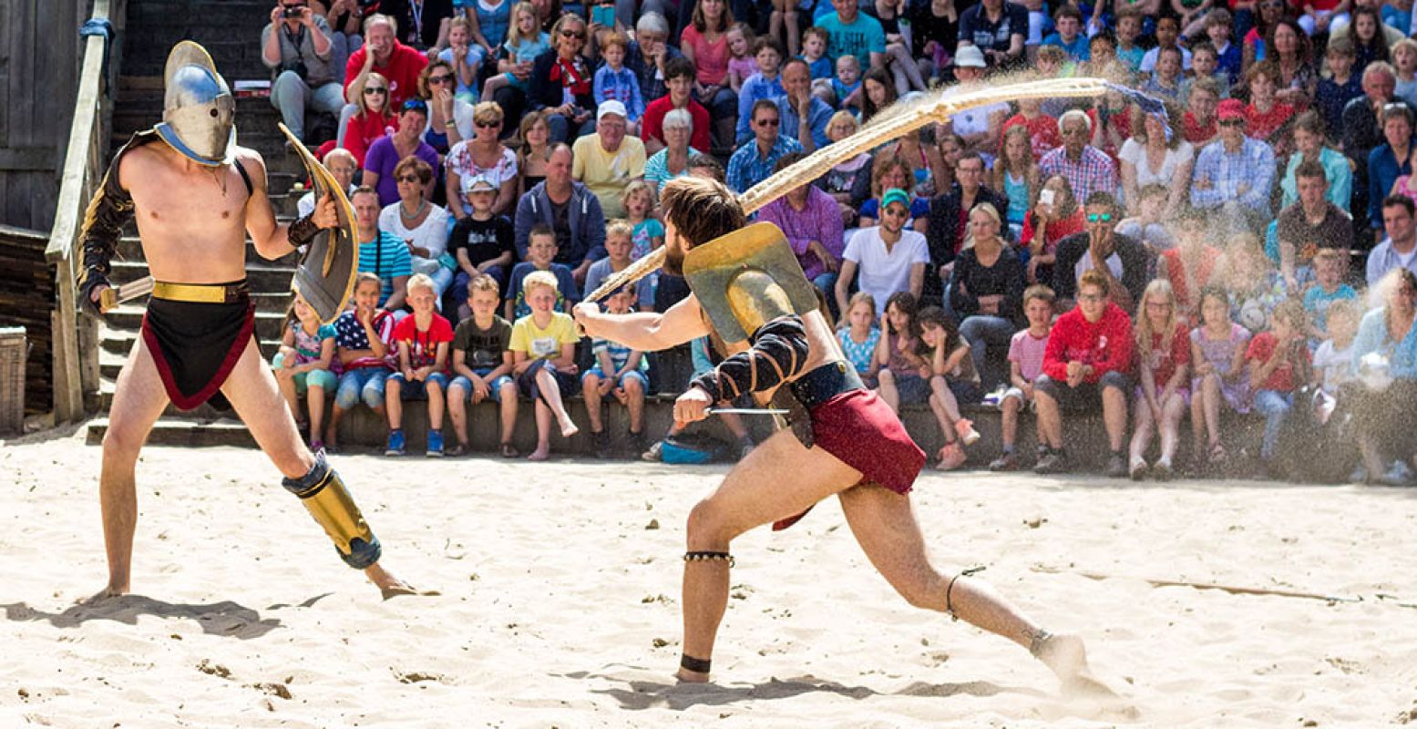 Spectaculaire gladiatorengevechten en andere bijzonderheden van vroeger maak je mee bij Archeon. Foto: Archeon.