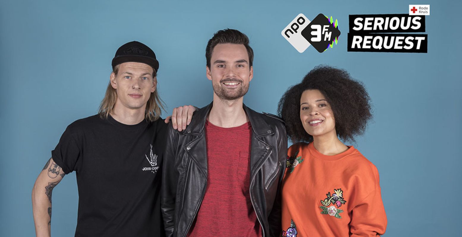 De dj's van 3FM Serious Request 2017: Sander Hoogendoorn, Domien Verschuuren en Angelique Houtveen. Foto: Bullet-Ray / NPO 3FM.