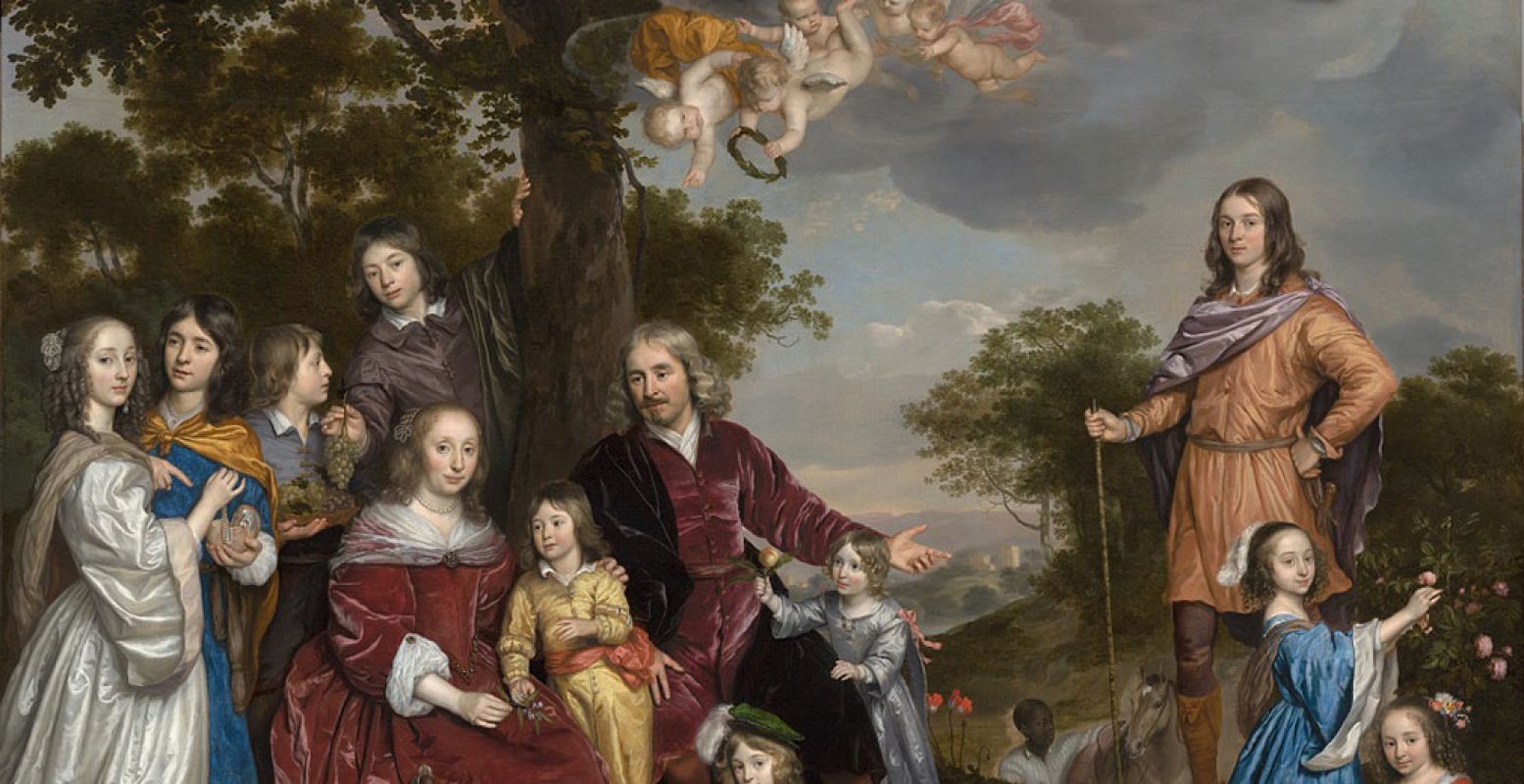 Portret van mr. Willem van den Kerckhoven en zijn gezin, Johannes Mijtens, 1652. Op de achtergrond een zwarte bediende. De overleden kinderen van het echtpaar zijn afgebeeld als engelen. Bijgesneden voor gebruik op DagjeWeg.NL. Foto: Collectie Haags Historisch Museum.